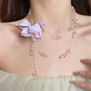 Double Layer Fabric Flower Pendant Necklace Sweet Vacation Style Pink Purple Beaded Choker For Women Elegant Floral Neck Jewelry