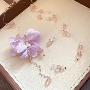 Sweet holiday style double-layer fabric flower pendant necklace with crystal beads