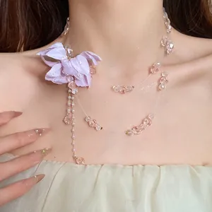 Romantic double-layer necklace with purple fabric flower and pink beads