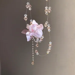 Elegant romantic double-layered fabric flower pendant necklace with pink crystal beads
