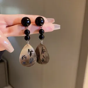 New Chinese style retro grey teardrop pendant earrings with bamboo pattern