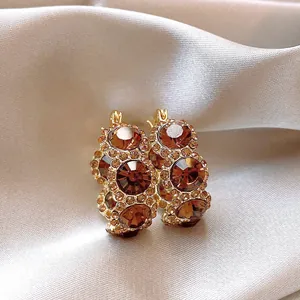 Electroplated Copper Rhinestone Round Huggie Earrings For Women Light Luxury Amber Crystal Hoop Earrings Simple Fashion Jewelry