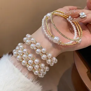 Luxuriöser Doppelreihiger Strass Künstliche Perle Offener Armreif Armband Für Damen Verstellbarer Eleganter Modeschmuck Geschenk