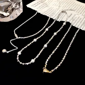 Franse Eenvoudige Hart Hanger Halsketting Hematiet Legering Ketting Choker Voor Vrouwen Kunstparel Goud Zilver Sieraden