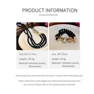 Specifiche dettagliate per collana di perle nere in stile francese e set bracciale con strass