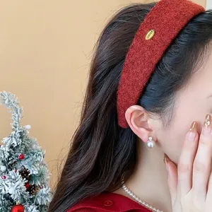 Elegant red flocked wide headband for women featuring high cranial top minimalist design on model
