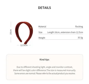Detailed product specifications of the burgundy flocking headband with dimensions and weight.