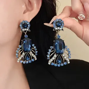 Vintage Exaggerated Blue Crystal Rhinestone Artificial Pearl Drop Earrings For Women Luxury Alloy Silver Earring Post Jewelry
