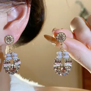 Elegant Vintage Glass Pendant Earrings Luxury Rhinestone Gold Purple Drop Earrings With 925 Sterling Silver Earring Post