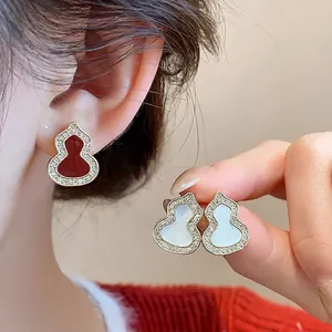 New Chinese Style Gourd Stud Earrings Copper Zirconia Dripping Oil Enamel Earrings With 925 Sterling Silver Earring Post For Women Elegant Jewelry