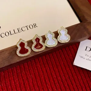 Elegant New Chinese style gourd stud earrings with red and white enamel and zircons.
