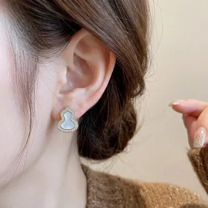 Elegant New Chinese style gourd stud earrings with white zircon inlay and enamel finish