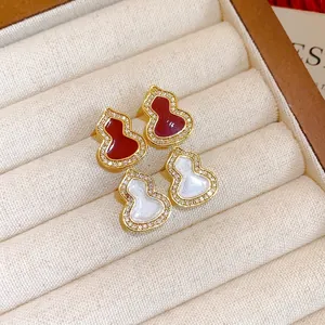 Elegant zircon enamel hulu gourd stud earrings in red and white