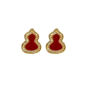 Elegant red enamel wulu gourd stud earrings with sparkling zircon border