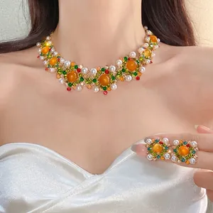 Vintage Court Style Alloy Rhinestone Artificial Pearl Square Earrings Clavicle Chain Jewelry Set For Women Baroque Luxury Gold Jewelry