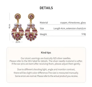 Detailed product specifications of purple crystal drop earrings with 925 silver needles