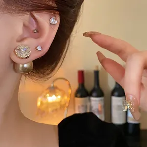 Elegant high-end gold-plated zircon pearl earrings set with silver needle studs