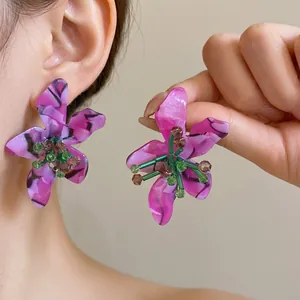Purple acetate flower earrings with crystal beads and silver needles for women