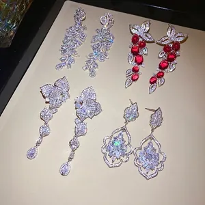 Luxury Zirconia Leaf Tassel Drop Earrings For Women Copper With 925 Sterling Silver Earring Post Shiny Elegant Jewelry