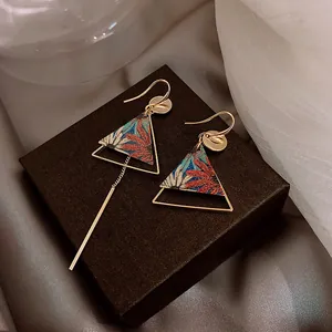 Vintage ethnic style asymmetric gold drop earrings with colorful floral triangle pendants