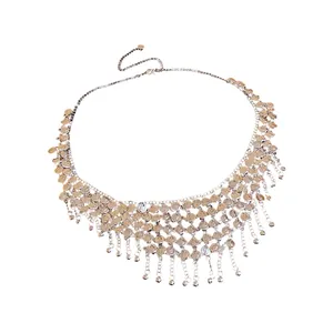 Chaîne de taille vintage en métal argenté avec pompons cloches et lien réglable