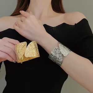 Elegant wide leaf texture cuff bracelets in gold and silver finish for women, 2pcs