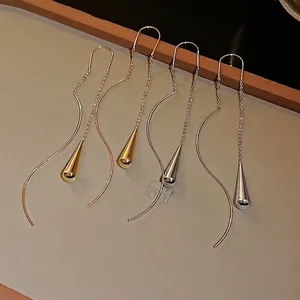 Elegant metal water drop tassel earrings with minimalist geometric wavy ear line design