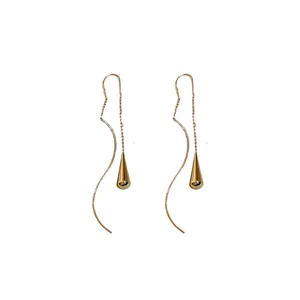 Elegant gold water drop threader earrings with minimalist geometric tassel design for women