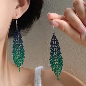 Luxury Alloy Rhinestone Feather Long Tassel Drop Earrings With 925 Sterling Silver Earring Post Gradient Dangle Earrings For Women Party
