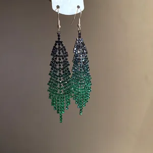Elegant gradient blue to green rhinestone tassel feather earrings with long dangle design