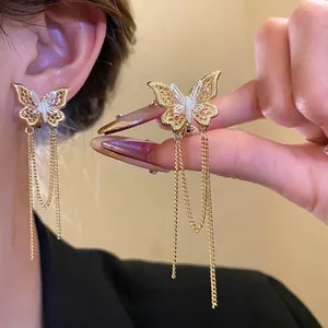 Eleganti clip per orecchie a farfalla placcati oro 18k con lunghe nappe per orecchie non forate
