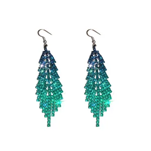 Elegant rhinestone feather tassel dangle earrings with blue to green gradient finish