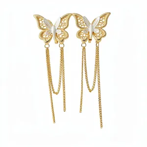 Eleganti orecchini a clip a farfalla placcati in oro 18 carati con lunghe catene pendenti
