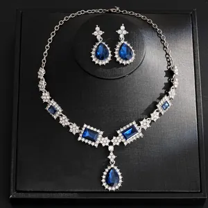 Elegant blue teardrop crystal necklace and earrings jewelry set for luxury fashion