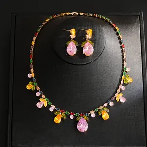 Detailed view of the colorful pear-cut crystal necklace and earrings jewelry set