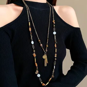 New Chinese Style Vintage Ceramic Long Pendant Necklace Retro Portrait Coin Charm Tassel Sweater Chain Women Jewelry Accessory