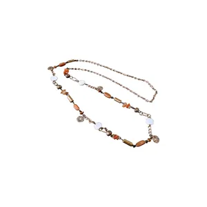 Retro ethnic long sweater necklace with colorful ceramic beads and gold chain for women