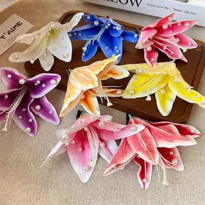 Fabric Artificial Pearl Lily Flower Hair Clip Sweet Handmade Floral Hair Accessories Duckbill Clip For Women Girls Headwear