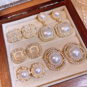 French Vintage Geometric Artificial Pearl Rhinestone Stud Earrings With 925 Sterling Silver Earring Post For Women Elegant Jewelry