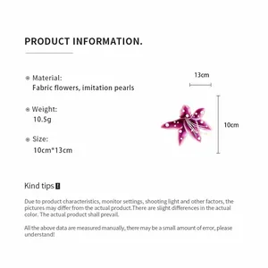 Detailed specifications for purple fabric flower hair clip with imitation pearls