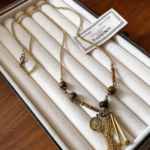 Vintage ceramic bead portrait coin tassel long sweater chain necklace in jewelry box