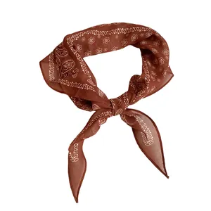Foulard vintage français marron imprimé paisley pour femme, accessoire de cou polyvalent