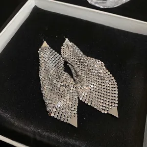 Chic silver triangle sequin mesh tassel earrings for women fashion style jewelry