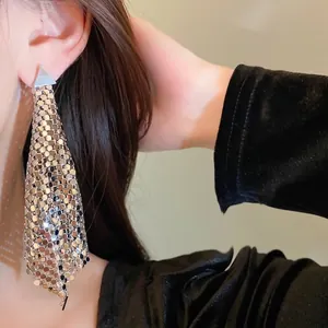 Fashionable silver needle triangular mesh sequin drop earrings for women