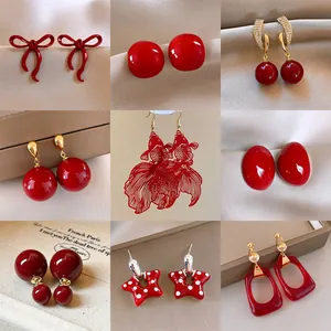 Ankora Red Heart Stud Earrings For Women Vintage Alloy Painted Cherry Strawberry Dangle Earrings Sweet Party Jewelry