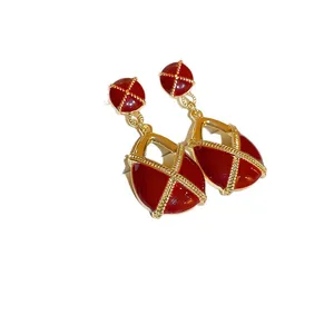 Elegant vintage-style anchor red heart drop earrings with luxury gold-toned trim for women