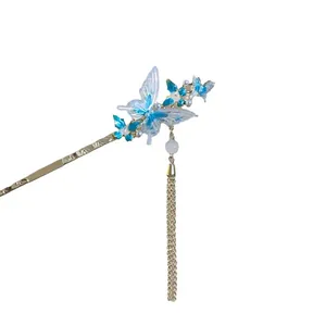 Elegant Chinese style hairpin with blue butterfly and long tassel on white background