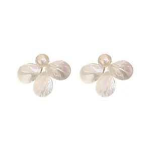 Elegant French vintage mother-of-pearl flower petal earrings with central pearl studs
