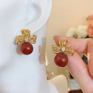 Vintage 18K Gold Plated Zirconia Flower Bow Stud Earrings For Women Exquisite Artificial Pearl Dangle Earrings Jewelry