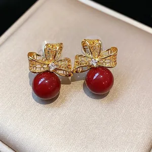 Exquisite vintage 18k gold plated stud earrings with zircon flower and dark red pearls